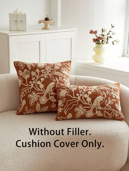 1pc Orange Floral & Bird Embroidery Plush Decorative Pillow Case, Suitable For All Seasons, Indoor Decor, Without Pillow Insert