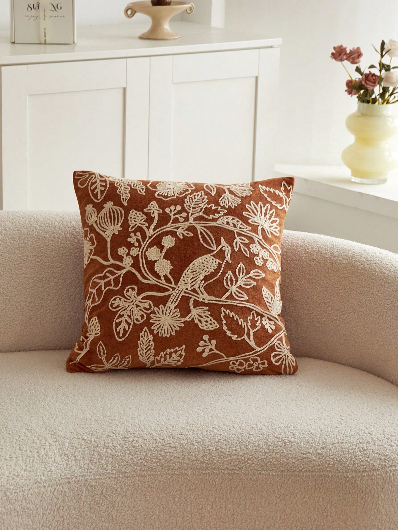 1pc Orange Floral & Bird Embroidery Plush Decorative Pillow Case, Suitable For All Seasons, Indoor Decor, Without Pillow Insert
