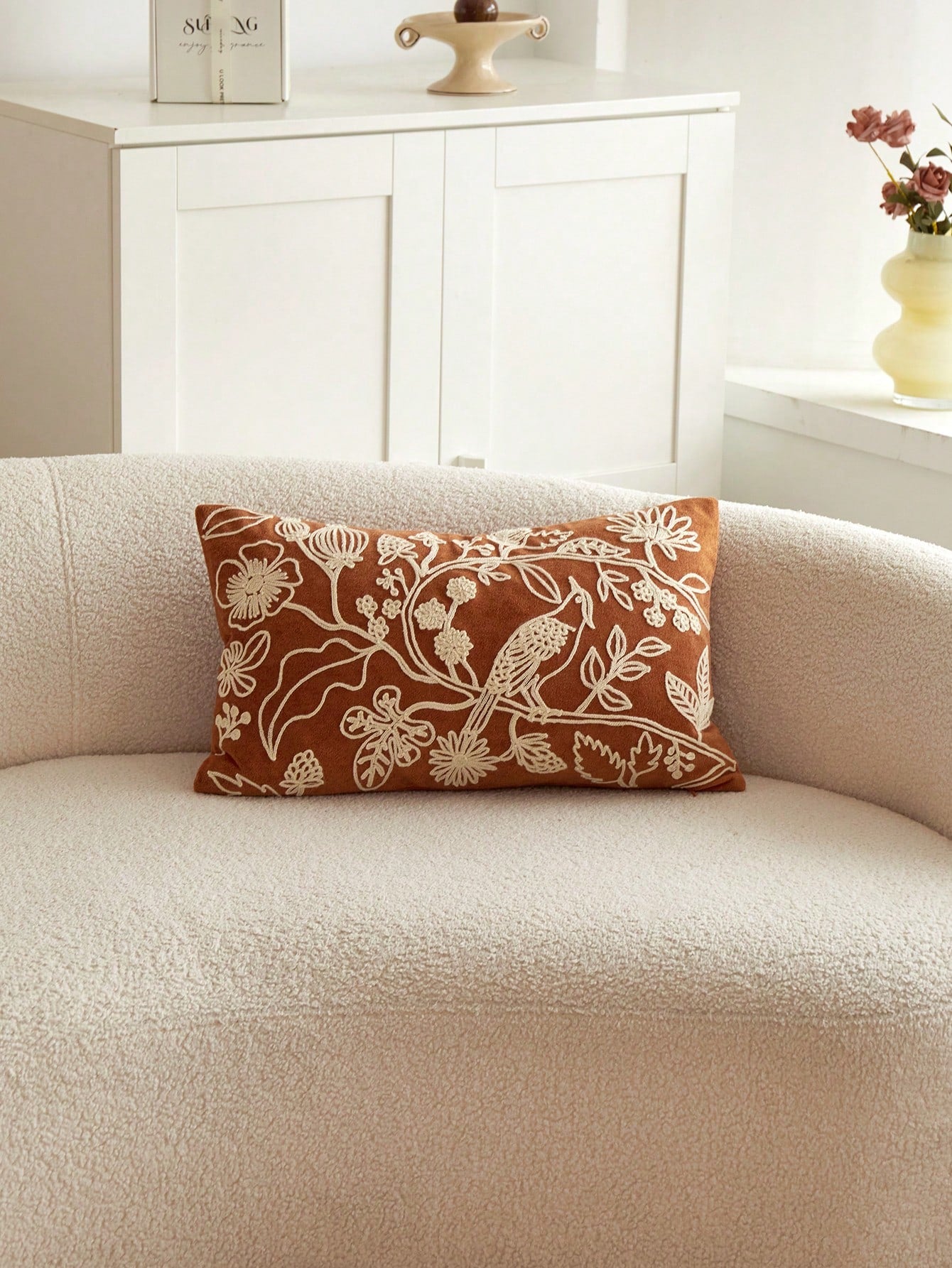 1pc Orange Floral & Bird Embroidery Plush Decorative Pillow Case, Suitable For All Seasons, Indoor Decor, Without Pillow Insert