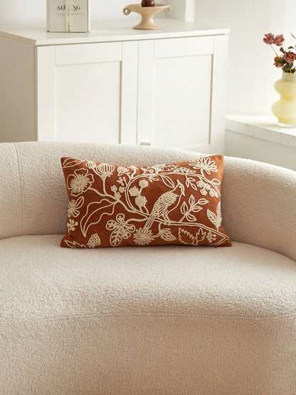 1pc Orange Floral & Bird Embroidery Plush Decorative Pillow Case, Suitable For All Seasons, Indoor Decor, Without Pillow Insert