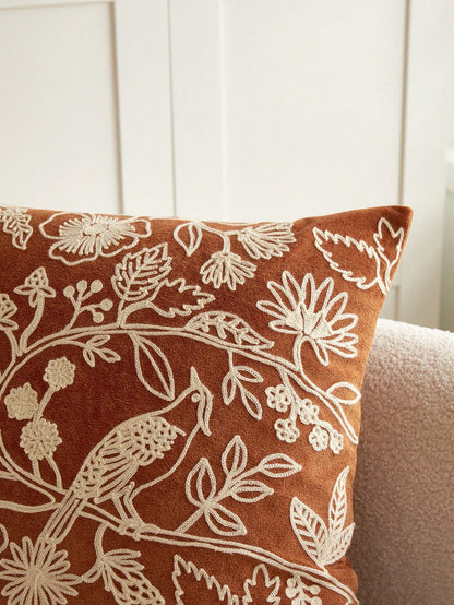 1pc Orange Floral & Bird Embroidery Plush Decorative Pillow Case, Suitable For All Seasons, Indoor Decor, Without Pillow Insert
