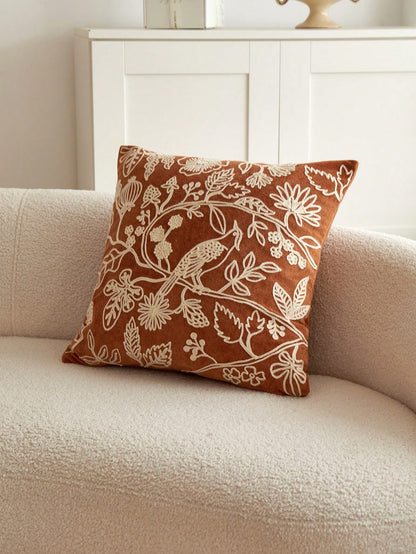 1pc Orange Floral & Bird Embroidery Plush Decorative Pillow Case, Suitable For All Seasons, Indoor Decor, Without Pillow Insert