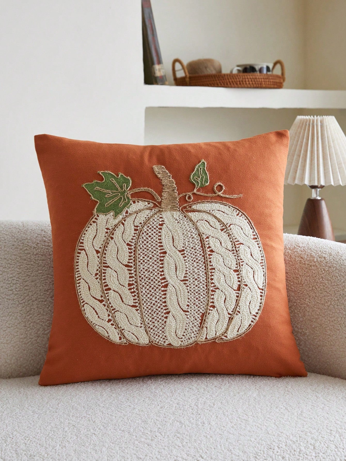 1pc Orange Pumpkin Embroidered Decorative Pillow Cover, 17.7*17.7inch, Suitable For Indoor Decor, All Season Throw Pillow Cover, Pillow Insert Not Included
