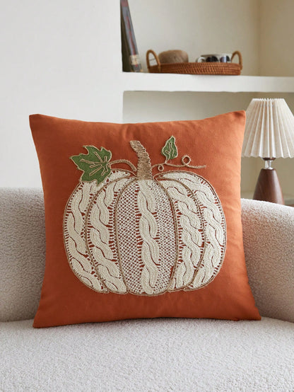 1pc Orange Pumpkin Embroidered Decorative Pillow Cover, 17.7*17.7inch, Suitable For Indoor Decor, All Season Throw Pillow Cover, Pillow Insert Not Included