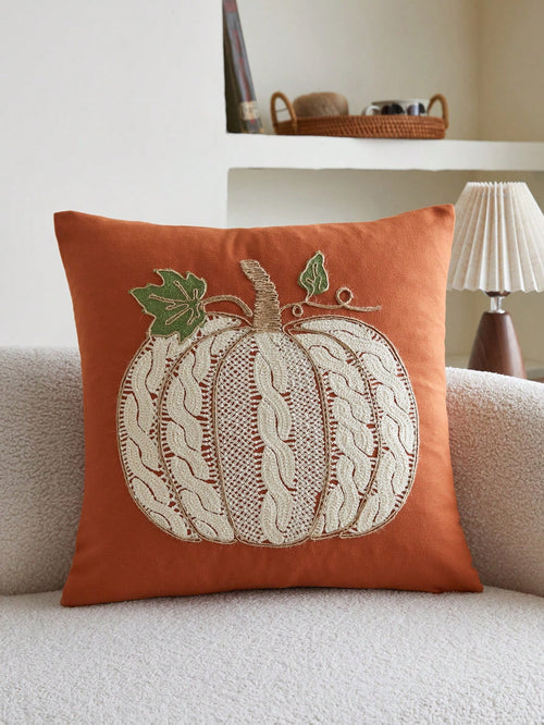 1pc Orange Pumpkin Embroidered Decorative Pillow Cover, 17.7*17.7inch, Suitable For Indoor Decor, All Season Throw Pillow Cover, Pillow Insert Not Included