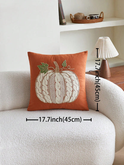 1pc Orange Pumpkin Embroidered Decorative Pillow Cover, 17.7*17.7inch, Suitable For Indoor Decor, All Season Throw Pillow Cover, Pillow Insert Not Included