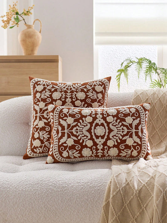 1pc Orange Swirly Floral/Leaf Embroidered Decorative Pillow Cover, Suitable For Indoor Decoration, Applicable For All Seasons, Without Insert