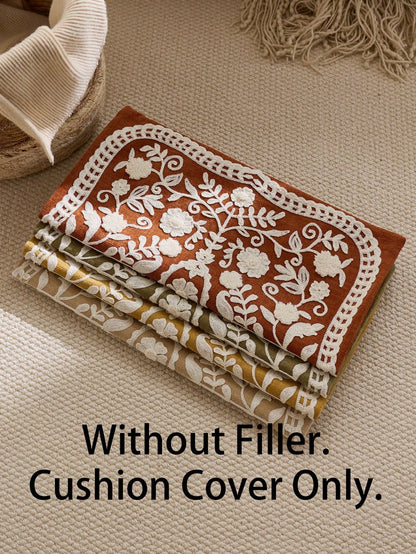 1pc Orange Swirly Floral/Leaf Embroidered Decorative Pillow Cover, Suitable For Indoor Decoration, Applicable For All Seasons, Without Insert
