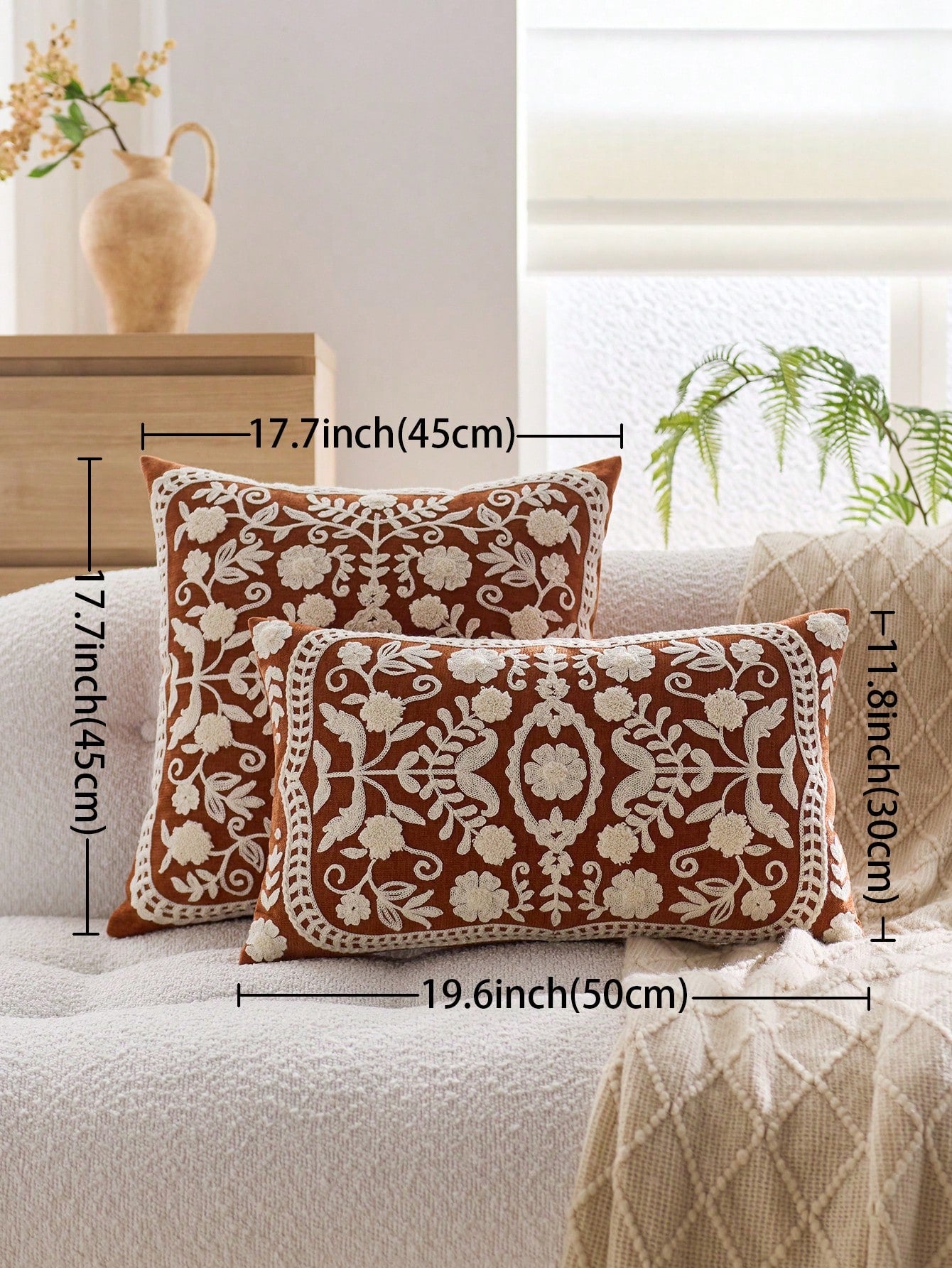1pc Orange Swirly Floral/Leaf Embroidered Decorative Pillow Cover, Suitable For Indoor Decoration, Applicable For All Seasons, Without Insert