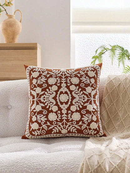 1pc Orange Swirly Floral/Leaf Embroidered Decorative Pillow Cover, Suitable For Indoor Decoration, Applicable For All Seasons, Without Insert
