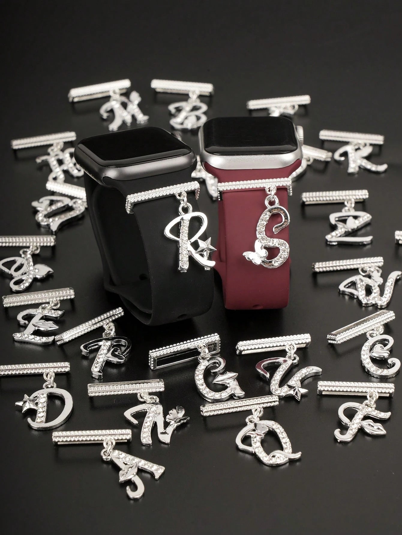 1pc Original Design Sparkling Silvery 26 Alphabet Watch Band Charm Decoration,For Apple Watch Band Letter Accessories Decor,Perfect Birthday Gift