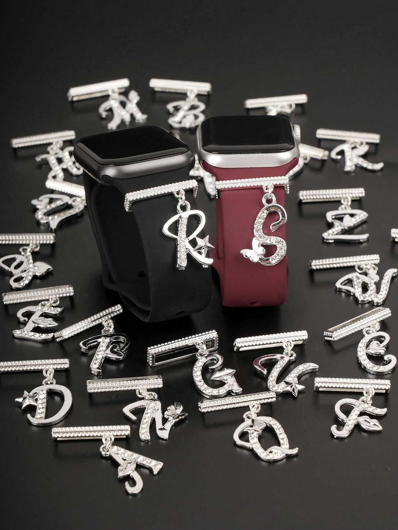 1pc Original Design Sparkling Silvery 26 Alphabet Watch Band Charm Decoration,For Apple Watch Band Letter Accessories Decor,Perfect Birthday Gift