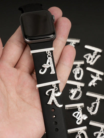 1pc Original Design Sparkling Silvery 26 Alphabet Watch Band Charm Decoration,For Apple Watch Band Letter Accessories Decor,Perfect Birthday Gift