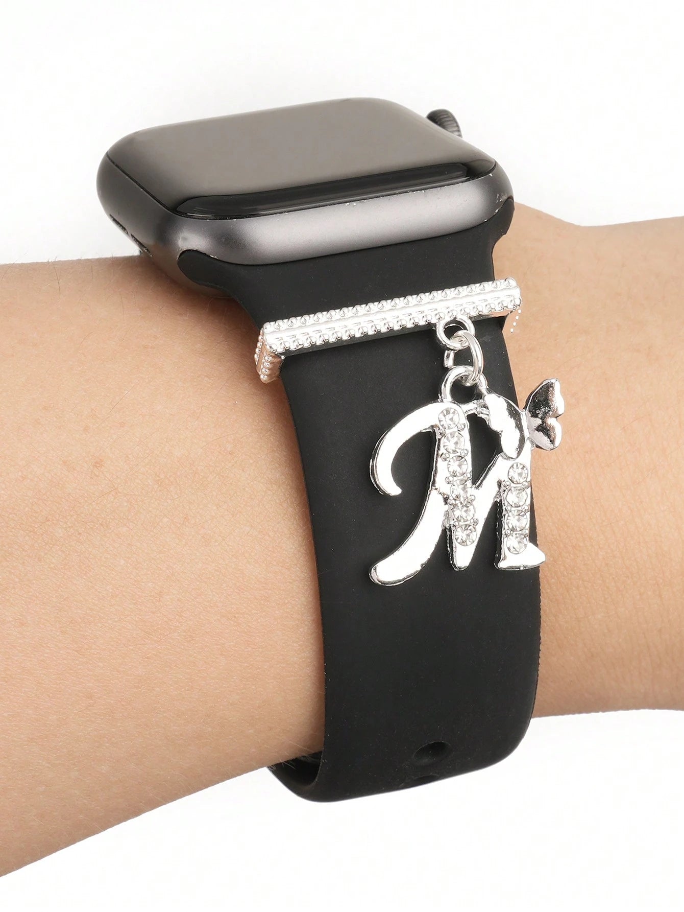 1pc Original Design Sparkling Silvery 26 Alphabet Watch Band Charm Decoration,For Apple Watch Band Letter Accessories Decor,Perfect Birthday Gift