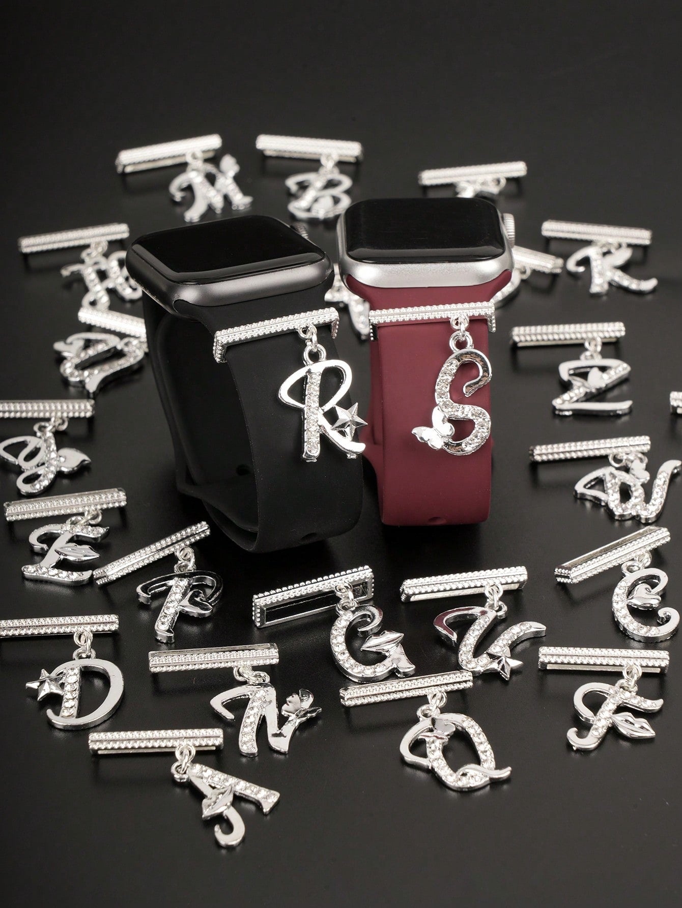 1pc Original Design Sparkling Silvery 26 Alphabet Watch Band Charm Decoration,For Apple Watch Band Letter Accessories Decor,Perfect Birthday Gift