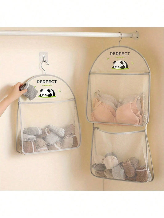 1pc Panda-Themed Nylon Hanging Storage Organizer For Underwear & Socks- Cute Panda Mesh Hanging Organizer- Breathable Nylon Storage Bag For Underwear & Socks, Wall-Mounted With Gray Strap, Perfect F