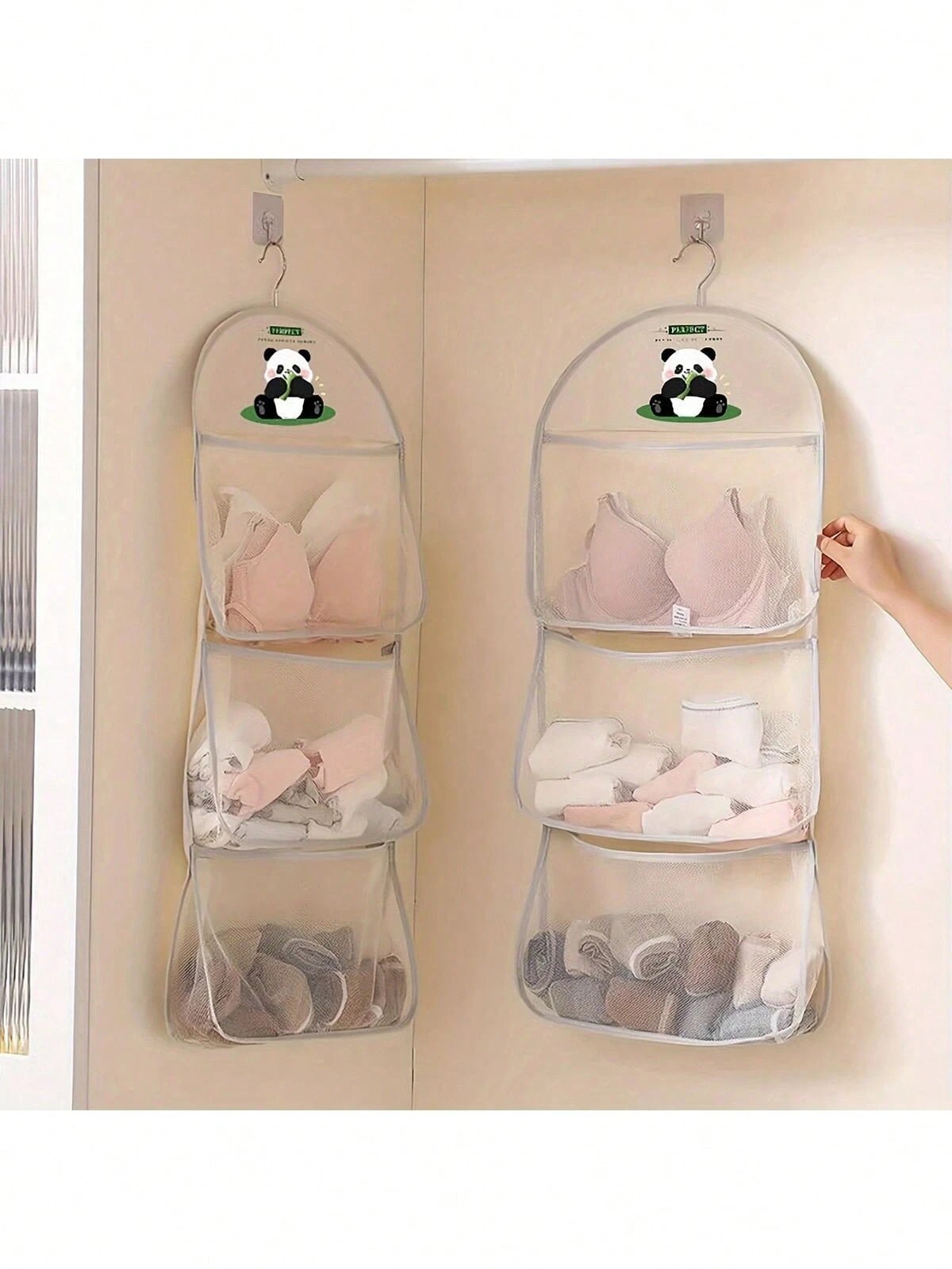 1pc Panda-Themed Nylon Hanging Storage Organizer For Underwear & Socks- Cute Panda Mesh Hanging Organizer- Breathable Nylon Storage Bag For Underwear & Socks, Wall-Mounted With Gray Strap, Perfect F