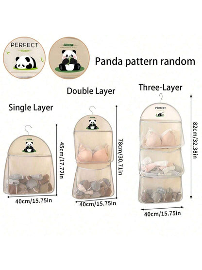 1pc Panda-Themed Nylon Hanging Storage Organizer For Underwear & Socks- Cute Panda Mesh Hanging Organizer- Breathable Nylon Storage Bag For Underwear & Socks, Wall-Mounted With Gray Strap, Perfect F