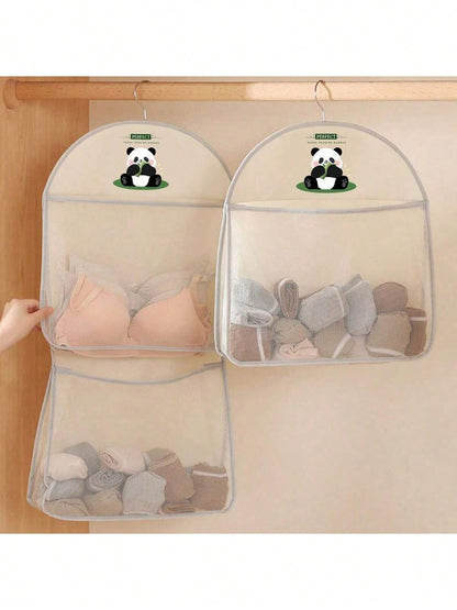 1pc Panda-Themed Nylon Hanging Storage Organizer For Underwear & Socks- Cute Panda Mesh Hanging Organizer- Breathable Nylon Storage Bag For Underwear & Socks, Wall-Mounted With Gray Strap, Perfect F