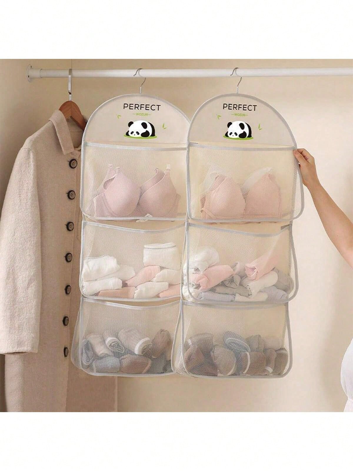 1pc Panda-Themed Nylon Hanging Storage Organizer For Underwear & Socks- Cute Panda Mesh Hanging Organizer- Breathable Nylon Storage Bag For Underwear & Socks, Wall-Mounted With Gray Strap, Perfect F