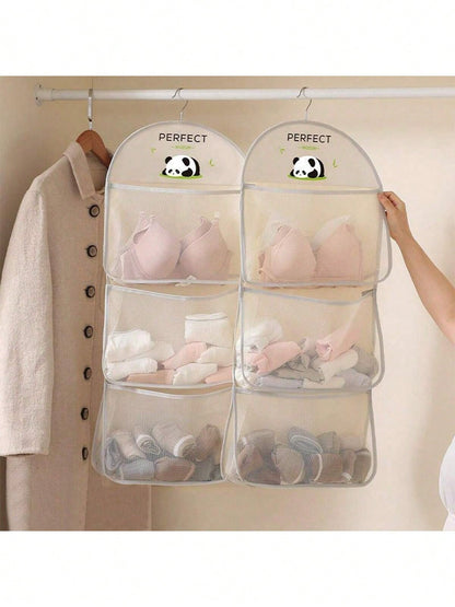 1pc Panda-Themed Nylon Hanging Storage Organizer For Underwear & Socks- Cute Panda Mesh Hanging Organizer- Breathable Nylon Storage Bag For Underwear & Socks, Wall-Mounted With Gray Strap, Perfect F