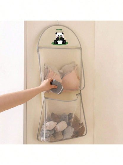 1pc Panda-Themed Nylon Hanging Storage Organizer For Underwear & Socks- Cute Panda Mesh Hanging Organizer- Breathable Nylon Storage Bag For Underwear & Socks, Wall-Mounted With Gray Strap, Perfect F
