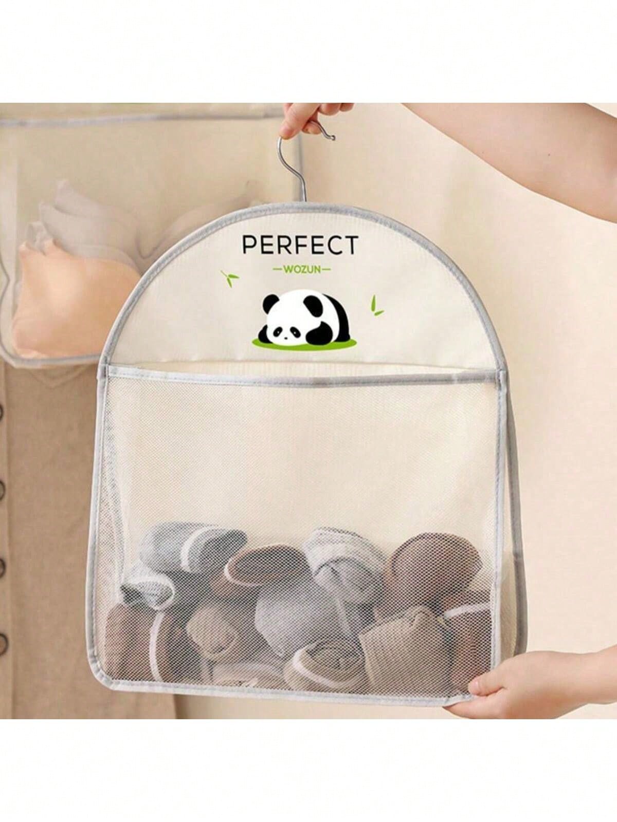 1pc Panda-Themed Nylon Hanging Storage Organizer For Underwear & Socks- Cute Panda Mesh Hanging Organizer- Breathable Nylon Storage Bag For Underwear & Socks, Wall-Mounted With Gray Strap, Perfect F