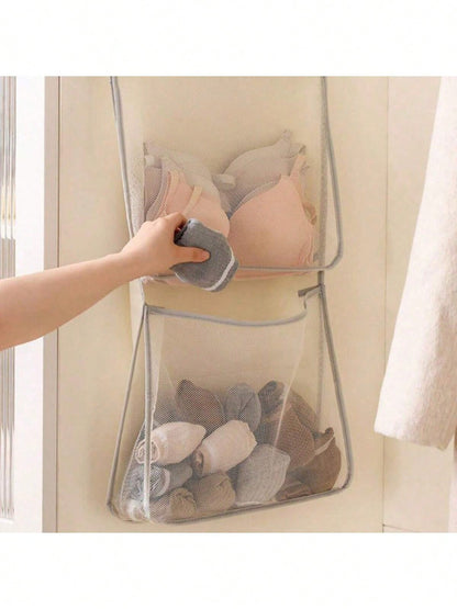 1pc Panda-Themed Nylon Hanging Storage Organizer For Underwear & Socks- Cute Panda Mesh Hanging Organizer- Breathable Nylon Storage Bag For Underwear & Socks, Wall-Mounted With Gray Strap, Perfect F