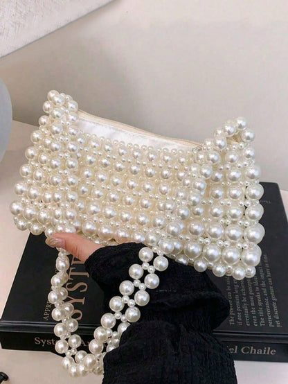 1pc Pearl Embroidered Faux Pearl Woven Handbag, Multifunctional Women's Shoulder Bag Suitable For Formal Occasions Or Daily Commute
