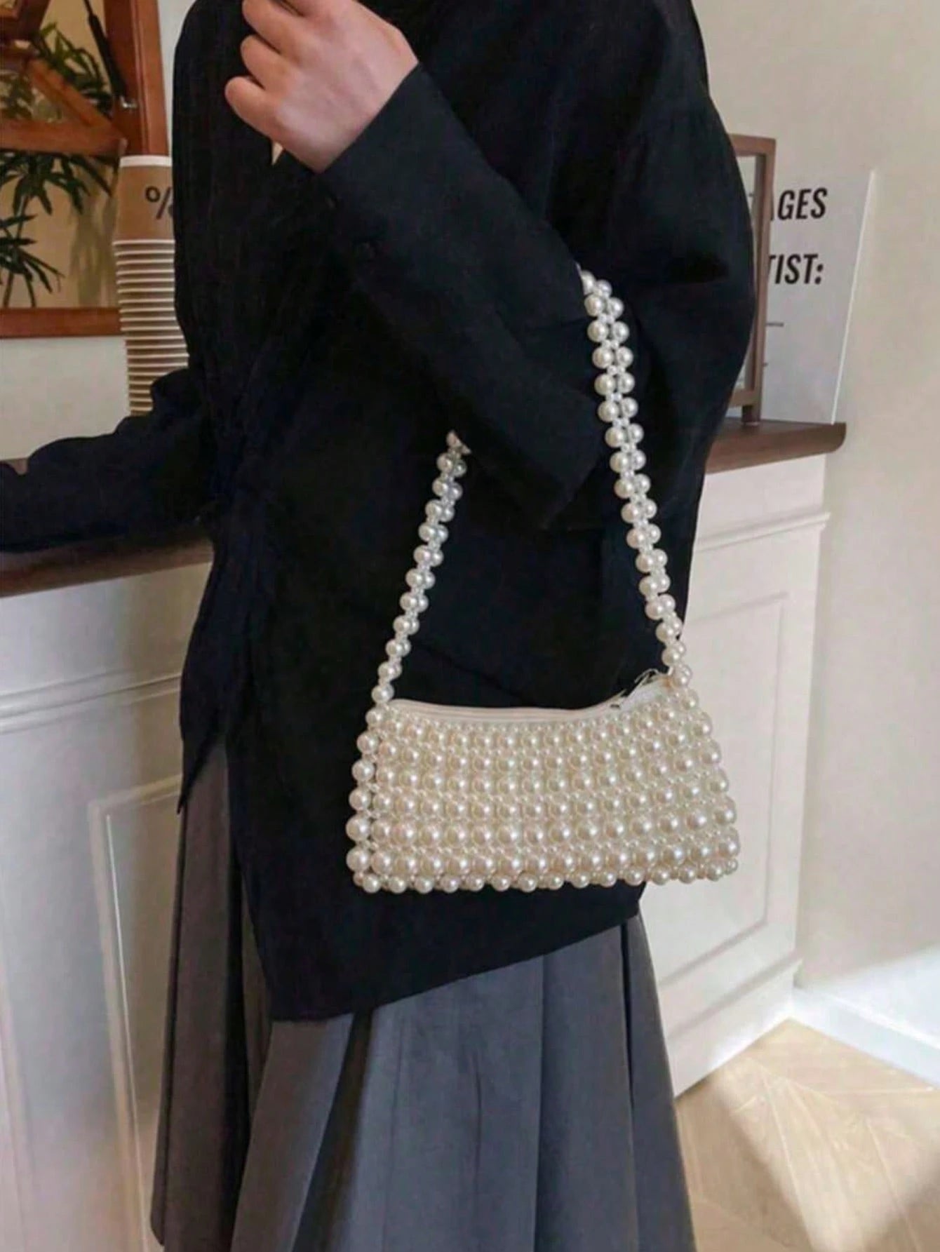 1pc Pearl Embroidered Faux Pearl Woven Handbag, Multifunctional Women's Shoulder Bag Suitable For Formal Occasions Or Daily Commute