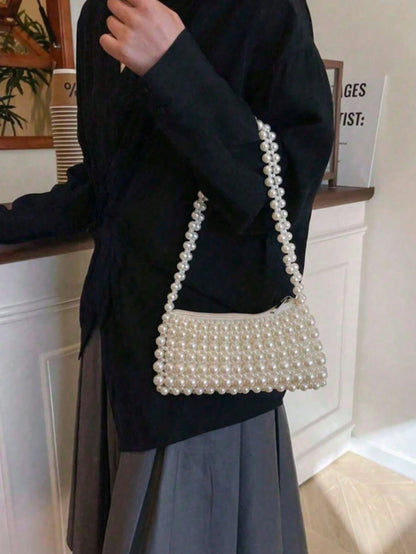 1pc Pearl Embroidered Faux Pearl Woven Handbag, Multifunctional Women's Shoulder Bag Suitable For Formal Occasions Or Daily Commute
