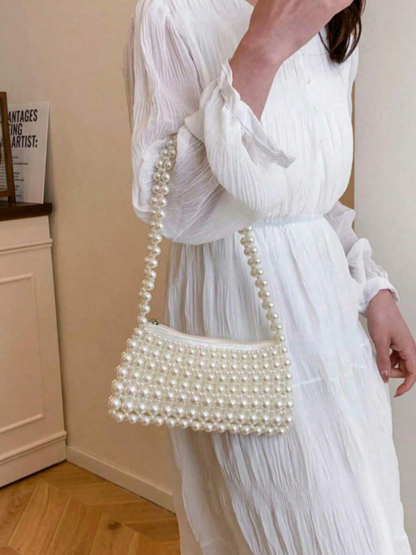 1pc Pearl Embroidered Faux Pearl Woven Handbag, Multifunctional Women's Shoulder Bag Suitable For Formal Occasions Or Daily Commute