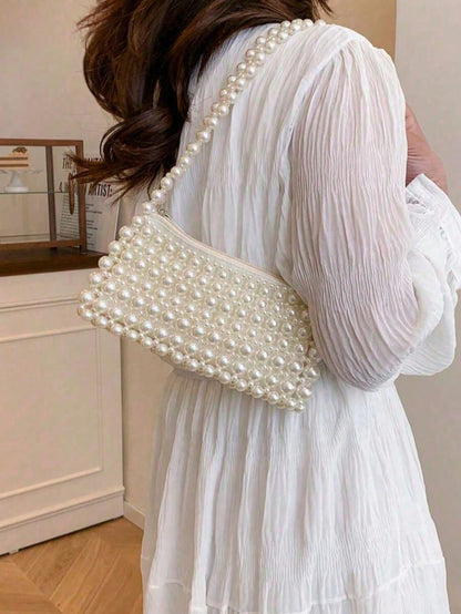 1pc Pearl Embroidered Faux Pearl Woven Handbag, Multifunctional Women's Shoulder Bag Suitable For Formal Occasions Or Daily Commute