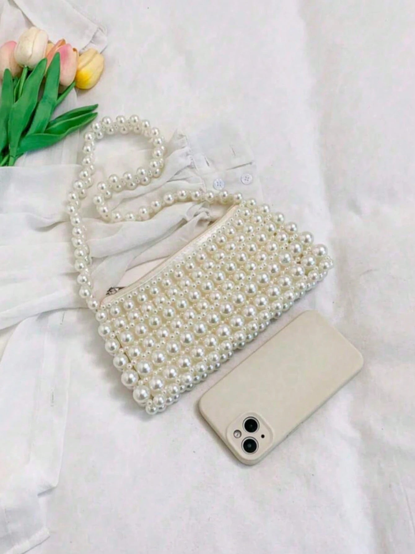 1pc Pearl Embroidered Faux Pearl Woven Handbag, Multifunctional Women's Shoulder Bag Suitable For Formal Occasions Or Daily Commute