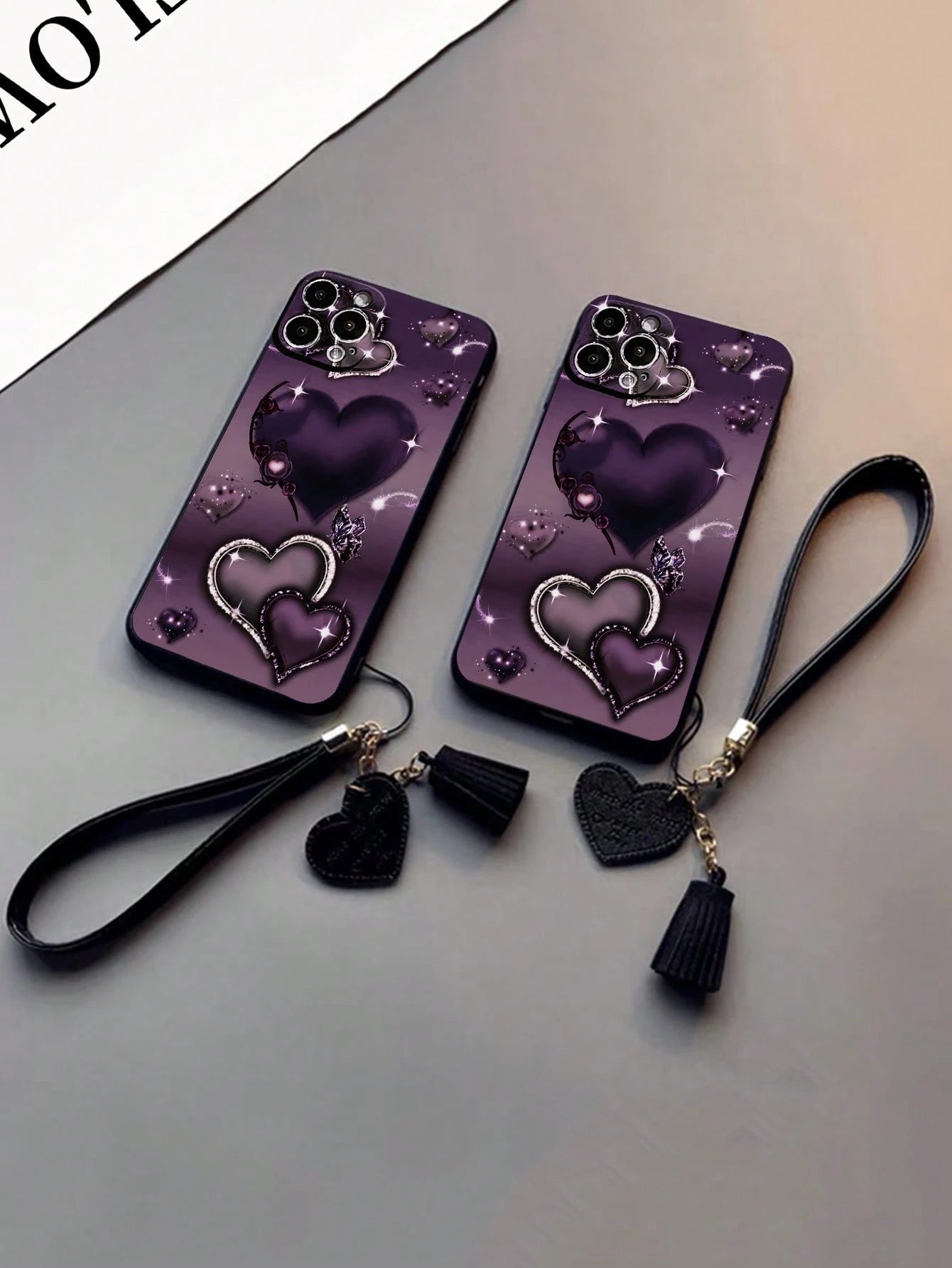 1pc Perforated Straight Edged Purple Heart Painted Thick Anti-Drop Decorated Phone Case With New Leather Heart Wrist Strap, DIY Phone Case Accessory With Tassel Pendant, Compatible With IPhone 16/Pro