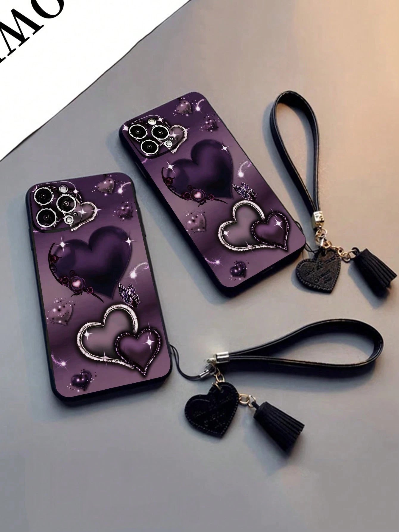 1pc Perforated Straight Edged Purple Heart Painted Thick Anti-Drop Decorated Phone Case With New Leather Heart Wrist Strap, DIY Phone Case Accessory With Tassel Pendant, Compatible With IPhone 16/Pro