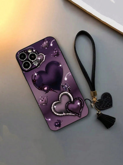 1pc Perforated Straight Edged Purple Heart Painted Thick Anti-Drop Decorated Phone Case With New Leather Heart Wrist Strap, DIY Phone Case Accessory With Tassel Pendant, Compatible With IPhone 16/Pro