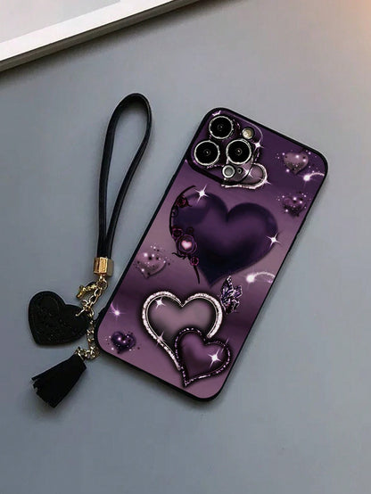 1pc Perforated Straight Edged Purple Heart Painted Thick Anti-Drop Decorated Phone Case With New Leather Heart Wrist Strap, DIY Phone Case Accessory With Tassel Pendant, Compatible With IPhone 16/Pro