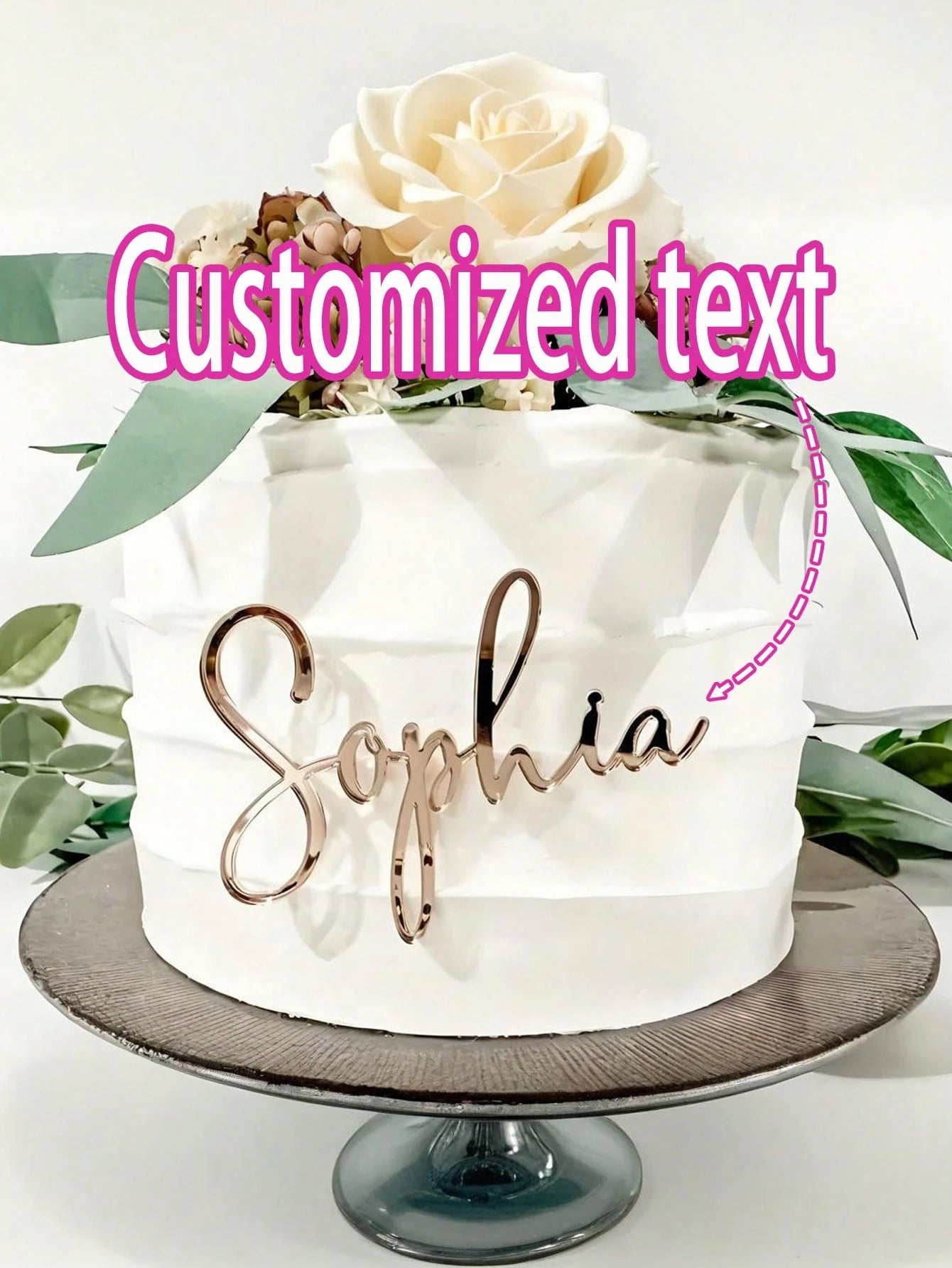 1pc Personalized Acrylic Cake Topper Decor, Laser Cut Name, Cake Decoration, Birthday Party Supplies, Gold/Rose Gold, No Power Needed, Suitable For Mother's Day & Graduation, Personalized Gift, Weddin