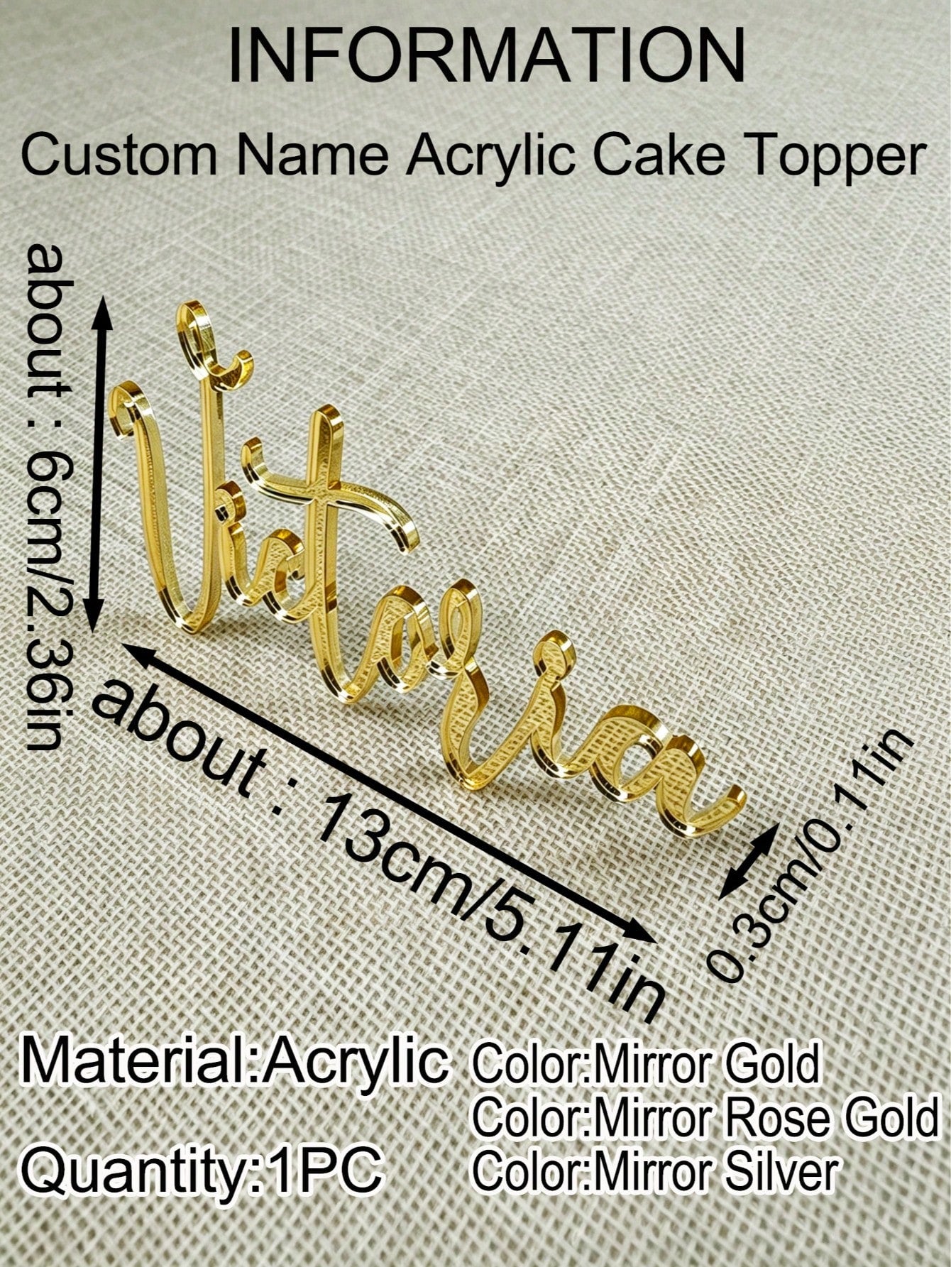 1pc Personalized Acrylic Cake Topper Decor, Laser Cut Name, Cake Decoration, Birthday Party Supplies, Gold/Rose Gold, No Power Needed, Suitable For Mother's Day & Graduation, Personalized Gift, Weddin