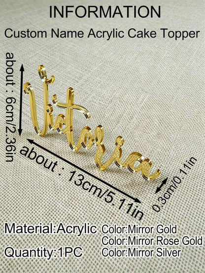 1pc Personalized Acrylic Cake Topper Decor, Laser Cut Name, Cake Decoration, Birthday Party Supplies, Gold/Rose Gold, No Power Needed, Suitable For Mother's Day & Graduation, Personalized Gift, Weddin