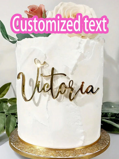 1pc Personalized Acrylic Cake Topper Decor, Laser Cut Name, Cake Decoration, Birthday Party Supplies, Gold/Rose Gold, No Power Needed, Suitable For Mother's Day & Graduation, Personalized Gift, Weddin