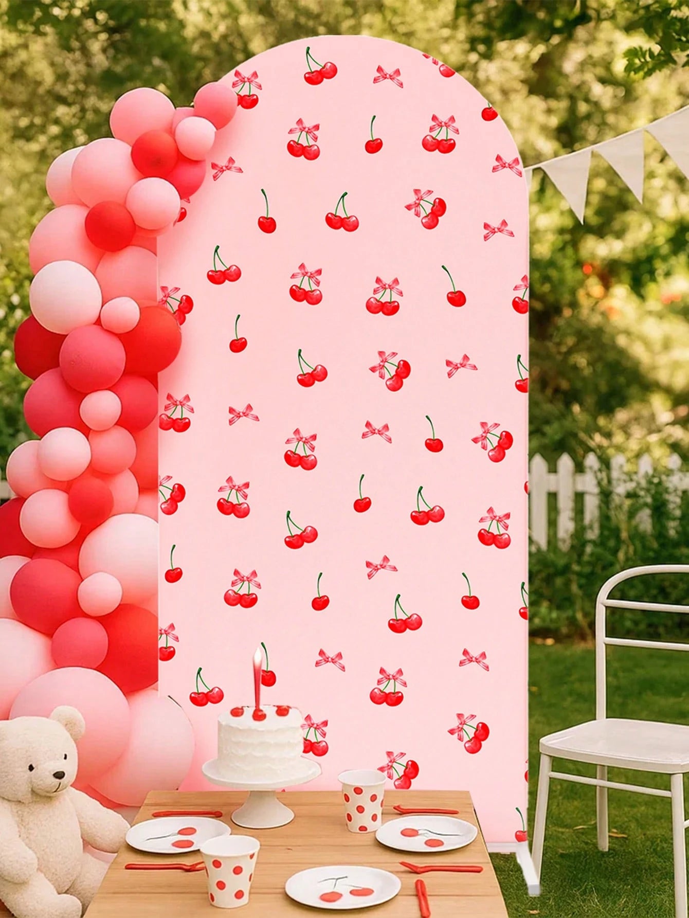 1pc Pink Bow & Cherry Themed Photo Backdrop Cloth, Suitable For Baby Shower Party, Newborn 1st Birthday Party, Baby Shower Party Photo Backdrop Decor, Newborn Party Backdrop Decor, Gender Reveal Party