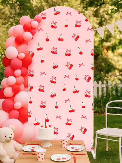 1pc Pink Bow & Cherry Themed Photo Backdrop Cloth, Suitable For Baby Shower Party, Newborn 1st Birthday Party, Baby Shower Party Photo Backdrop Decor, Newborn Party Backdrop Decor, Gender Reveal Party