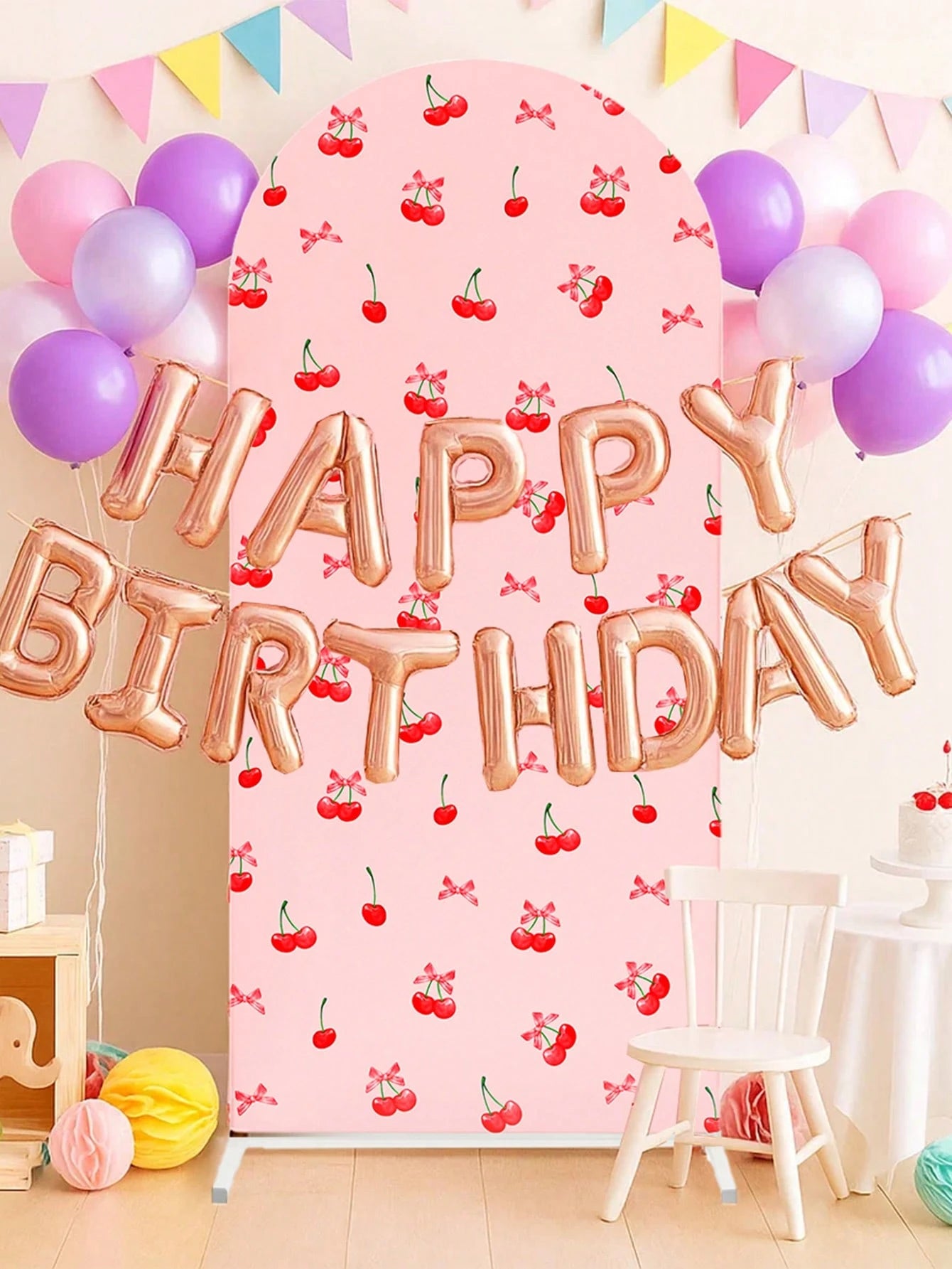 1pc Pink Bow & Cherry Themed Photo Backdrop Cloth, Suitable For Baby Shower Party, Newborn 1st Birthday Party, Baby Shower Party Photo Backdrop Decor, Newborn Party Backdrop Decor, Gender Reveal Party