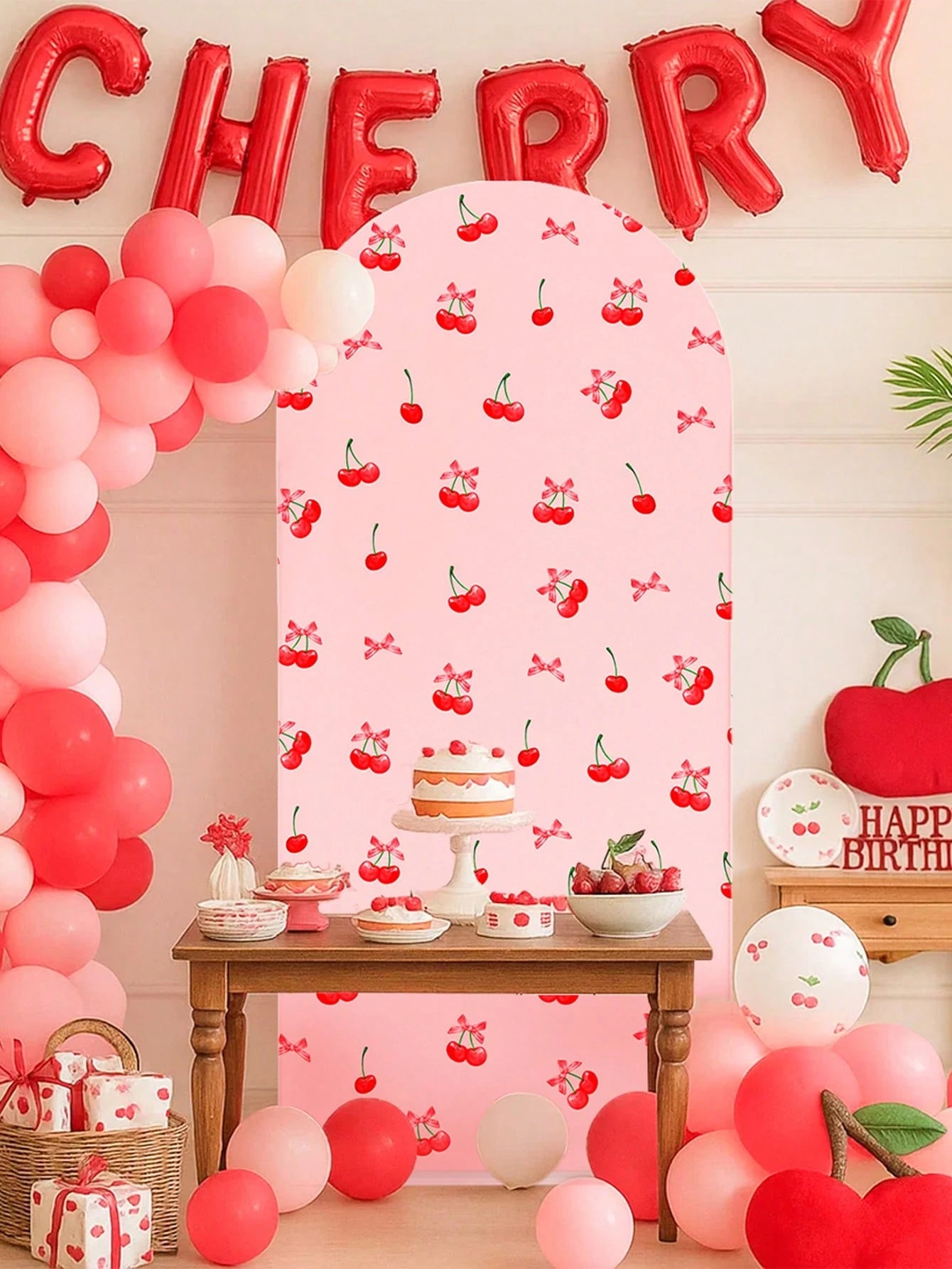 1pc Pink Bow & Cherry Themed Photo Backdrop Cloth, Suitable For Baby Shower Party, Newborn 1st Birthday Party, Baby Shower Party Photo Backdrop Decor, Newborn Party Backdrop Decor, Gender Reveal Party