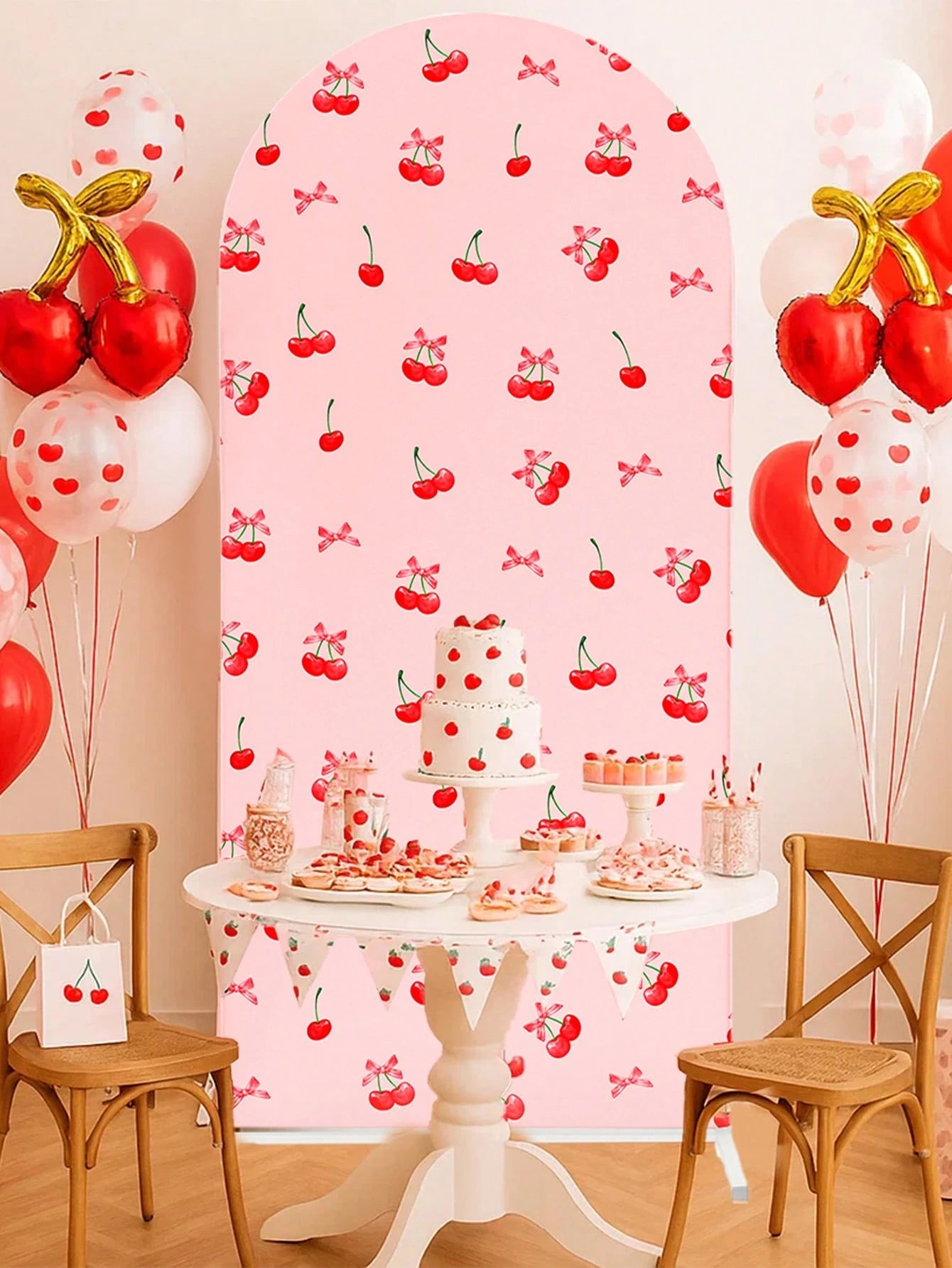 1pc Pink Bow & Cherry Themed Photo Backdrop Cloth, Suitable For Baby Shower Party, Newborn 1st Birthday Party, Baby Shower Party Photo Backdrop Decor, Newborn Party Backdrop Decor, Gender Reveal Party