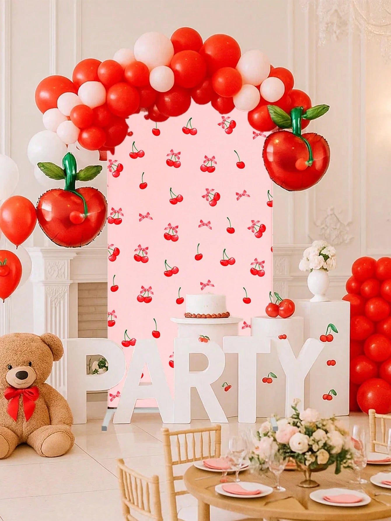 1pc Pink Bow & Cherry Themed Photo Backdrop Cloth, Suitable For Baby Shower Party, Newborn 1st Birthday Party, Baby Shower Party Photo Backdrop Decor, Newborn Party Backdrop Decor, Gender Reveal Party