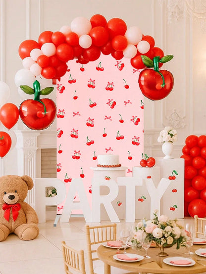 1pc Pink Bow & Cherry Themed Photo Backdrop Cloth, Suitable For Baby Shower Party, Newborn 1st Birthday Party, Baby Shower Party Photo Backdrop Decor, Newborn Party Backdrop Decor, Gender Reveal Party