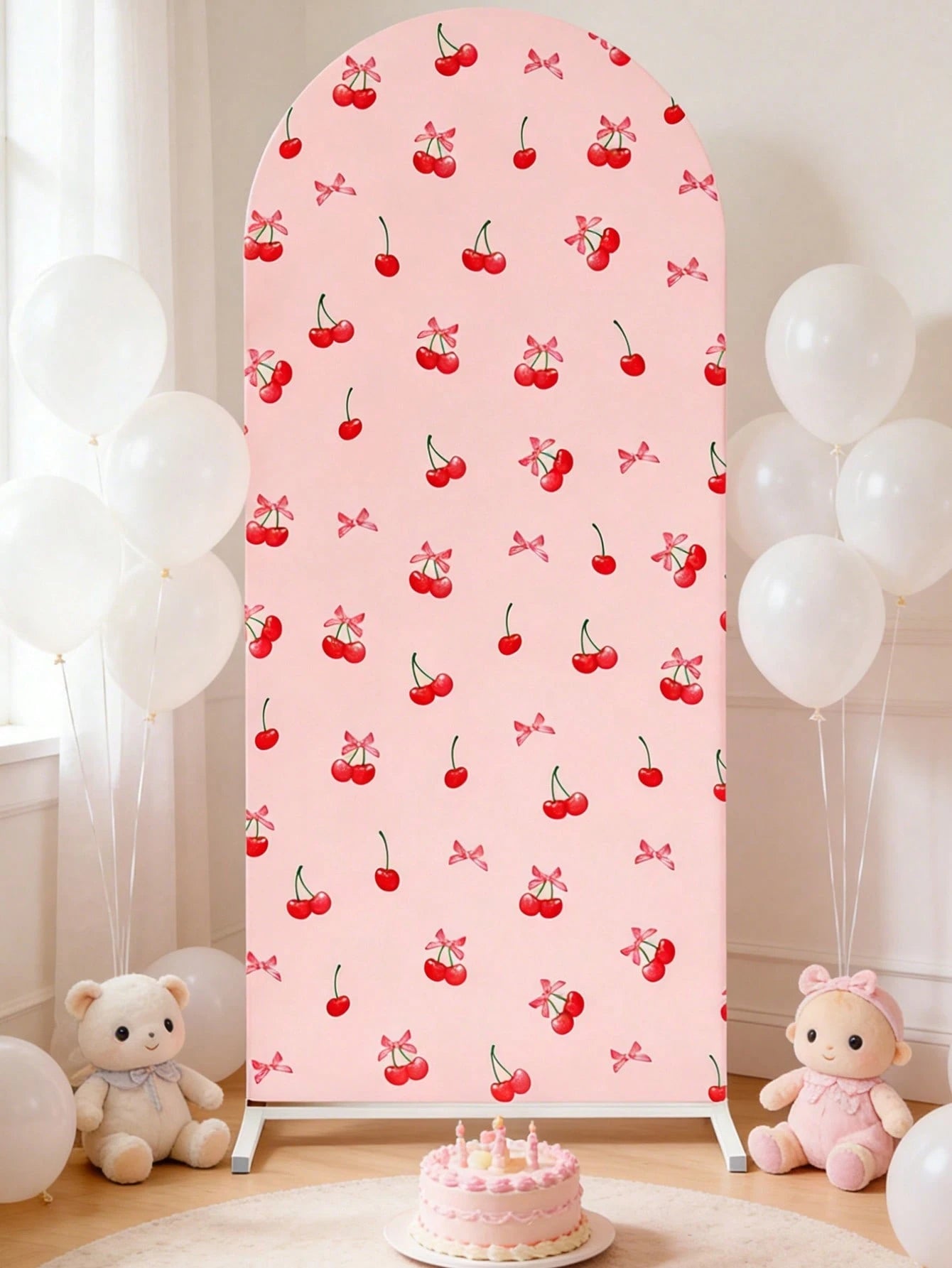 1pc Pink Bow & Cherry Themed Photo Backdrop Cloth, Suitable For Baby Shower Party, Newborn 1st Birthday Party, Baby Shower Party Photo Backdrop Decor, Newborn Party Backdrop Decor, Gender Reveal Party